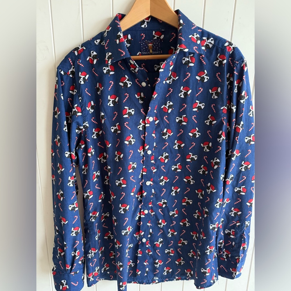 Simon Banks Navy French Bulldog in Santa Hat Candy canes buttondown shirt L 16.5